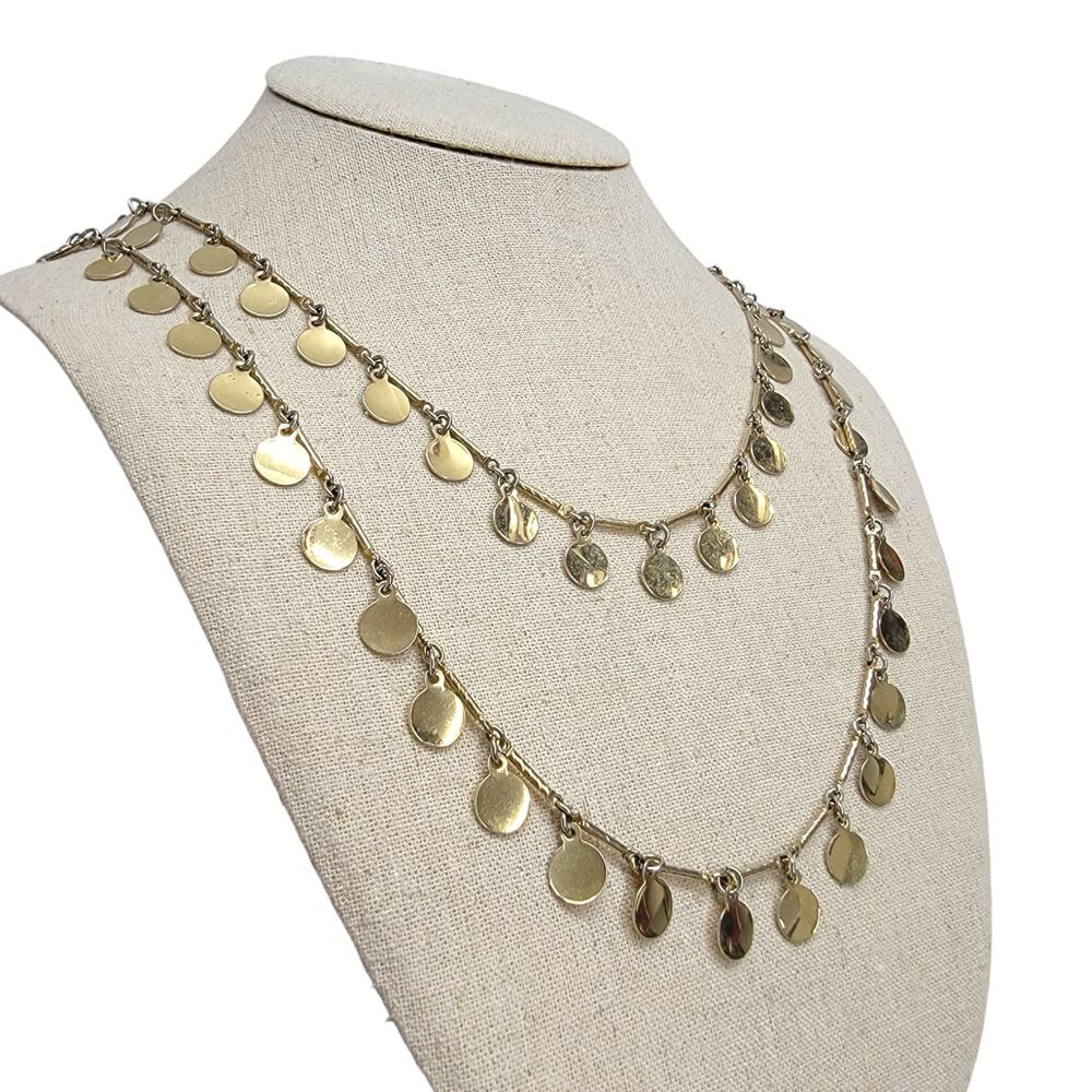 Vintage Vendome Long Gold Tone Disc Fringe Dangle Coin Chain Necklace 1970s